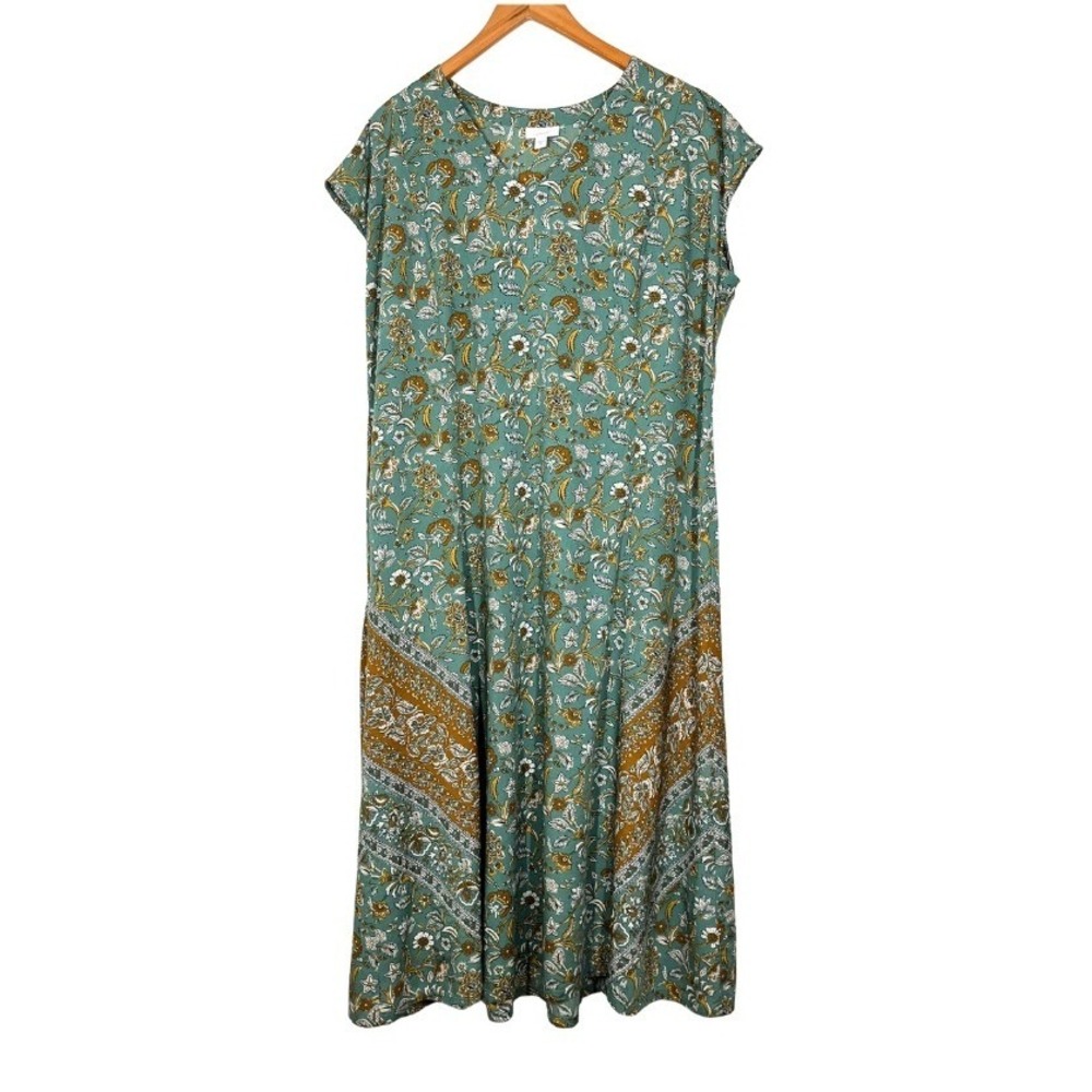 Pure Jill J. Jill Green Floral Paisley V-Neck Midi Dress 2X Plus Size Modest